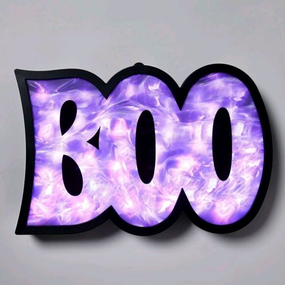 New, 10" LED Hanging "BOO" with Flame Effect Purple Halloween Silhouette Light - Picture 2 of 7